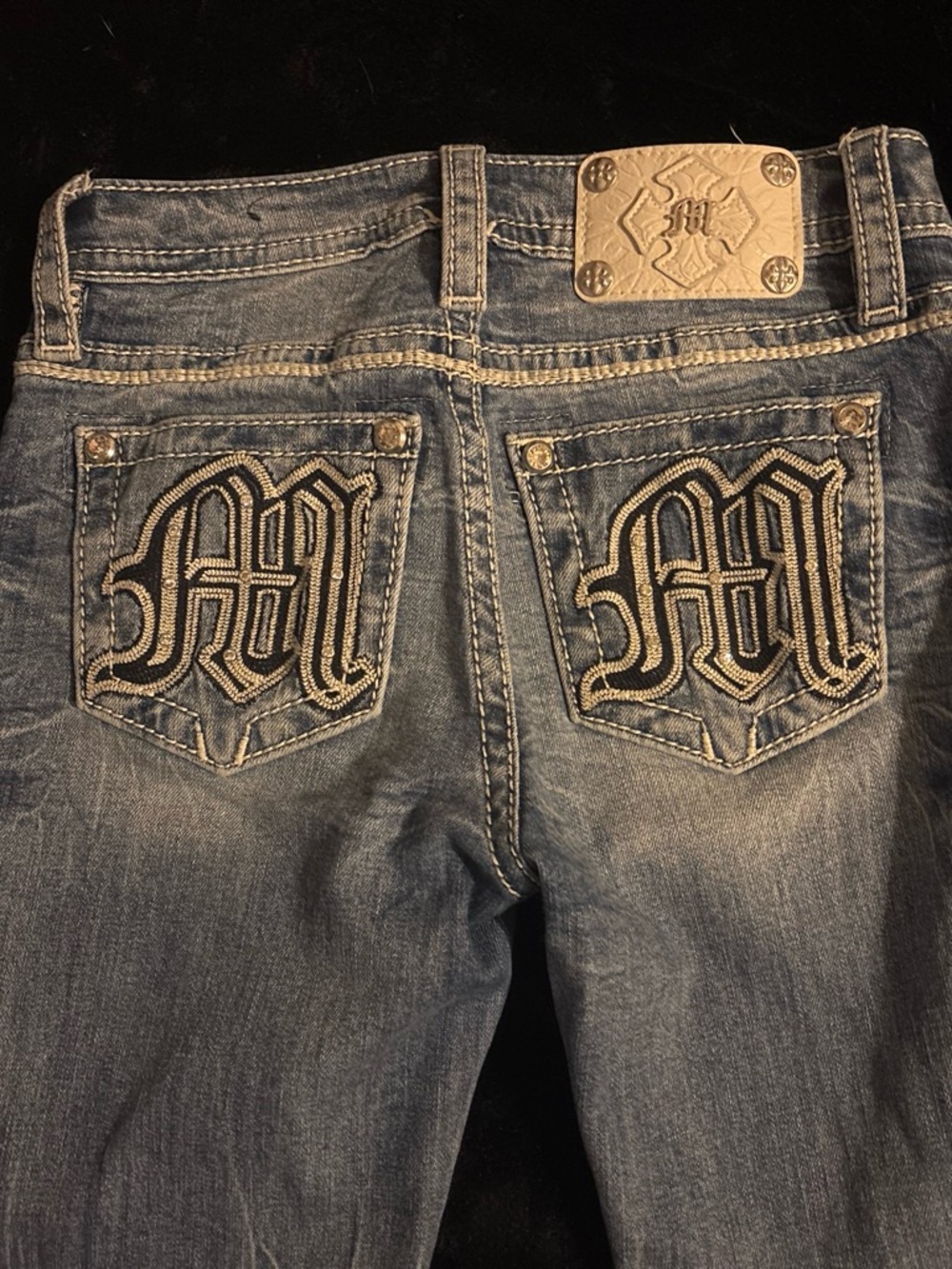 Miss Me Women's Blue Denim Boot Cut Jeans with Embroidered Back Pockets